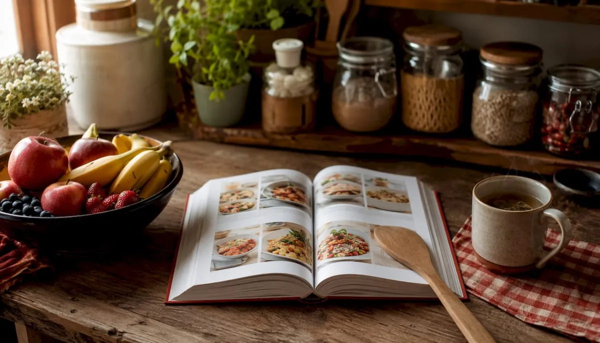 Open cookbook with 7-day heart-healthy meal plan