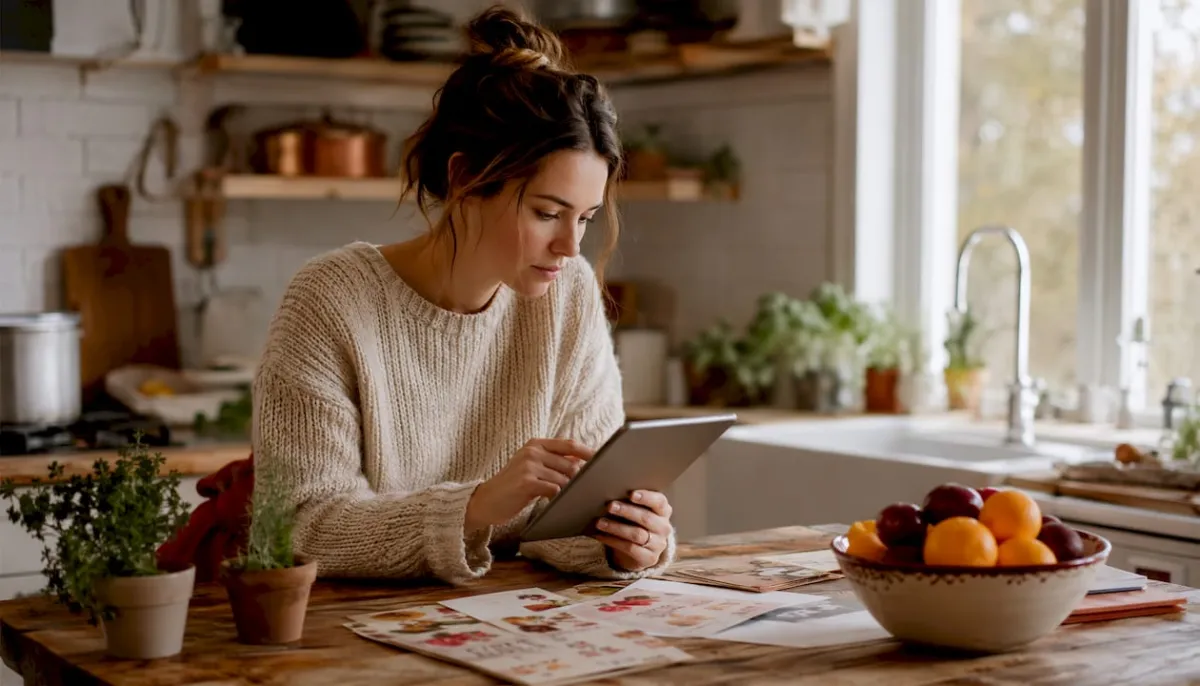 Woman planning meals on tablet in kitchen