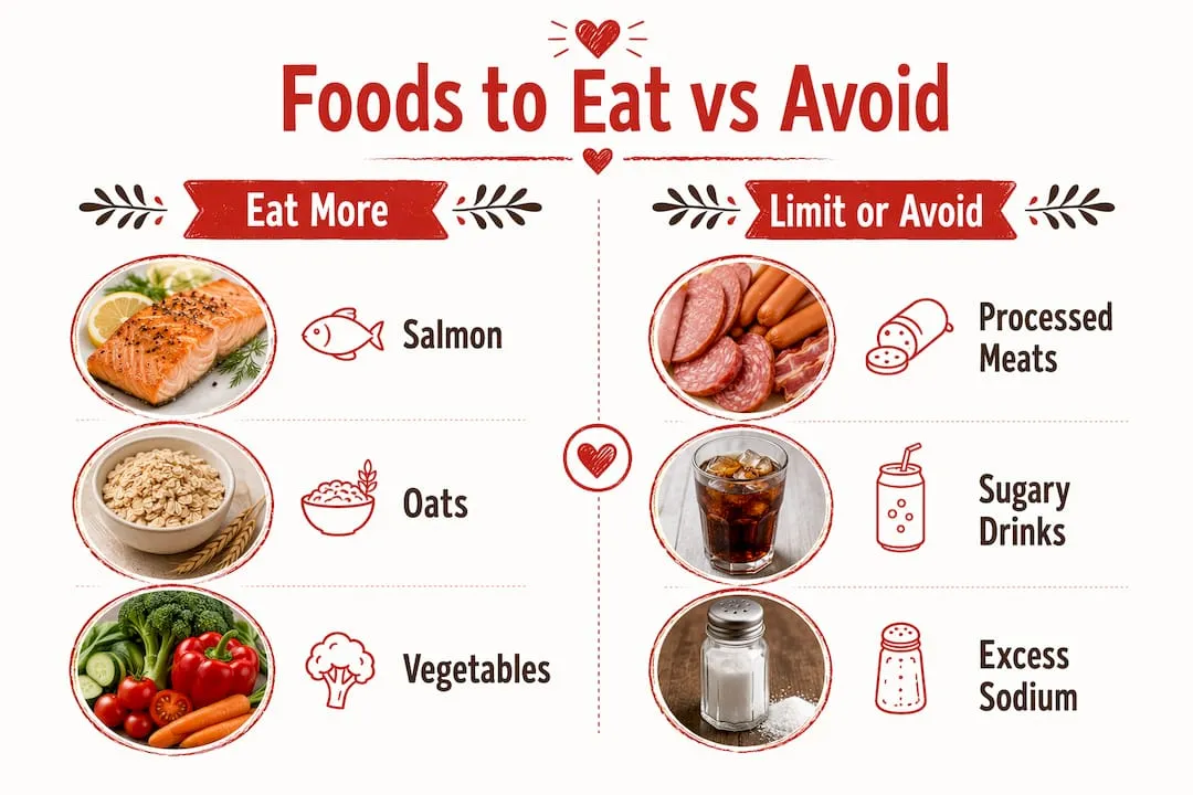 Infographic comparing foods to eat and avoid for heart health