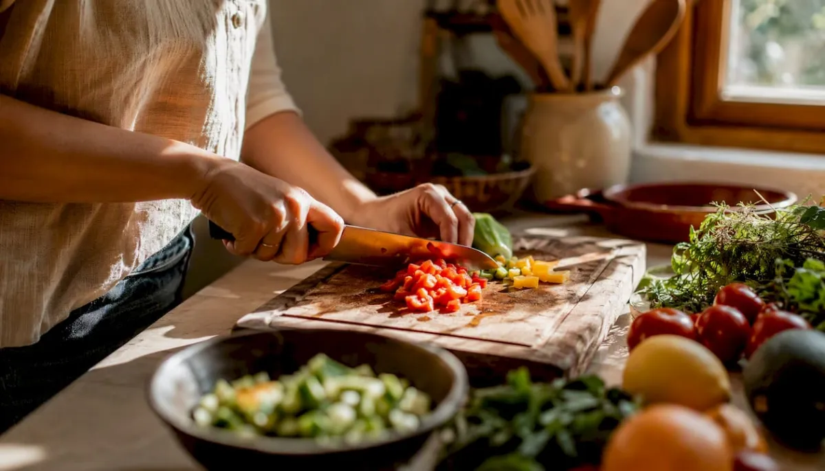 Hands chopping vegetables in rustic kitchen