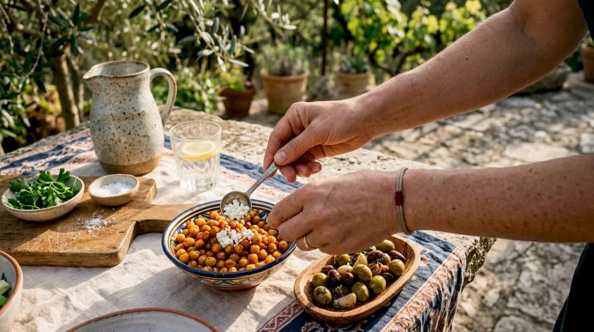 Hands measuring Mediterranean diet food portions