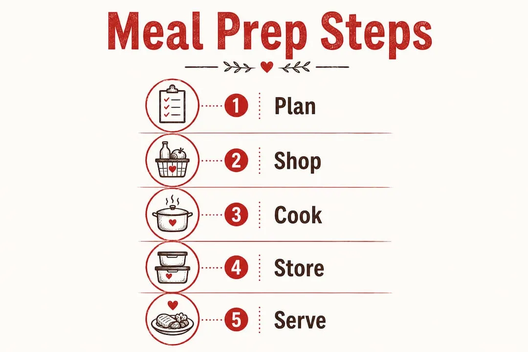 Infographic showing sequential meal prep steps