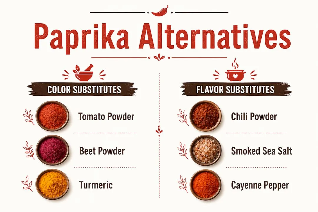 Infographic comparing paprika color and flavor substitutes
