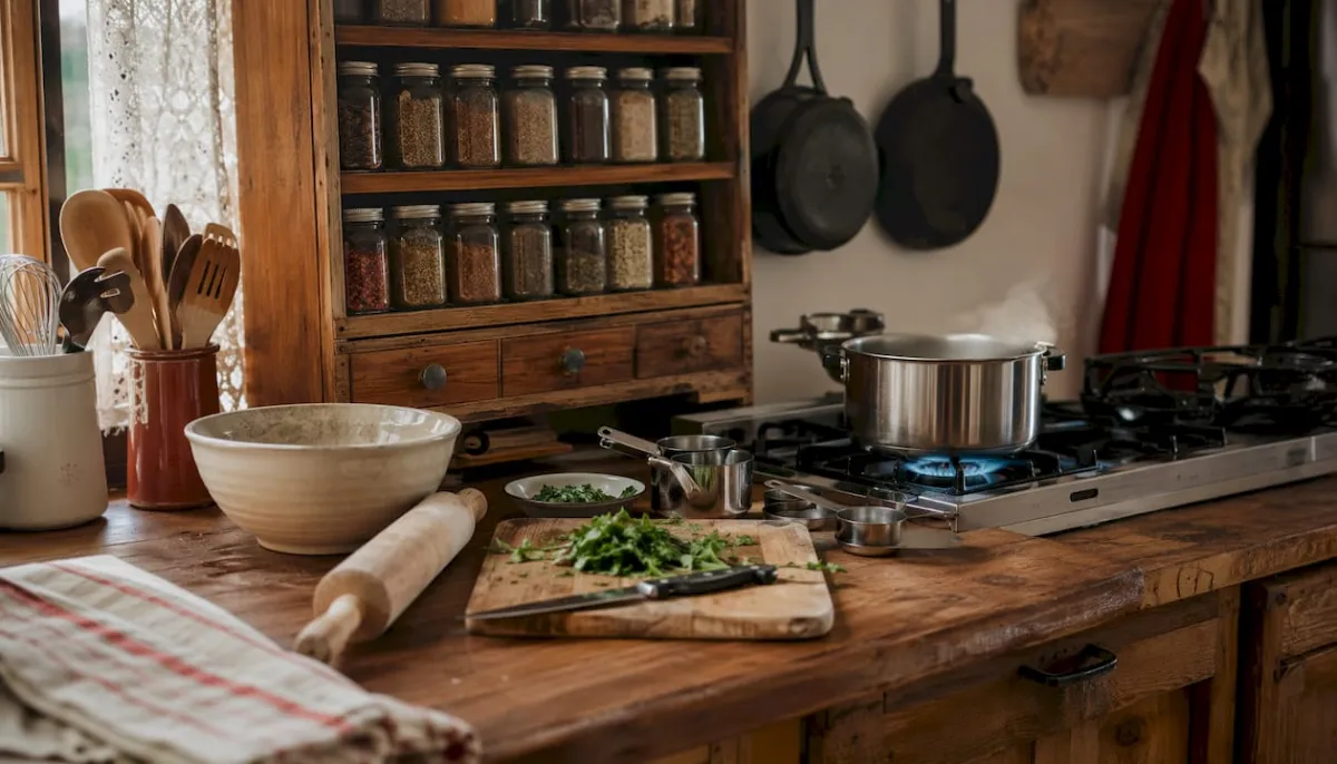Overhead view of batch cooking setup with schedule