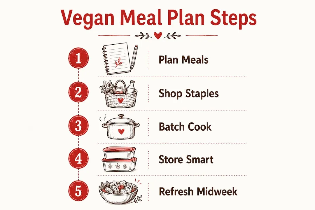Infographic showing steps to build vegan meal plan