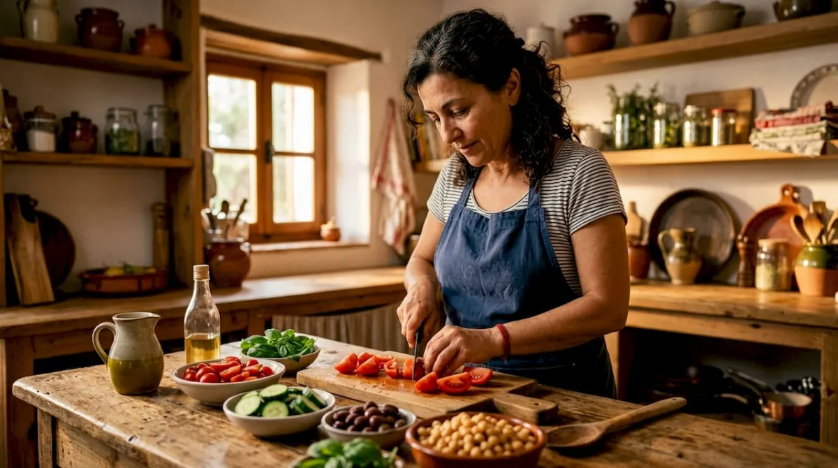 Woman preparing Mediterranean salad in kitchen