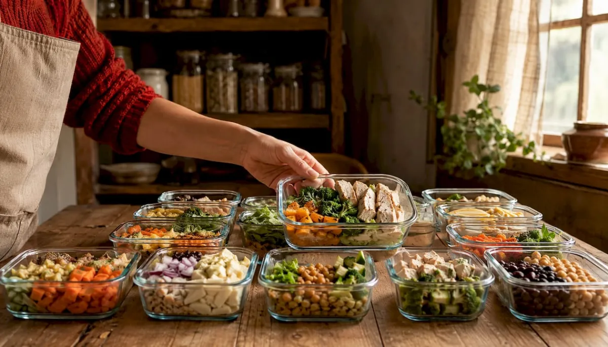Prepared meal containers on kitchen countertop
