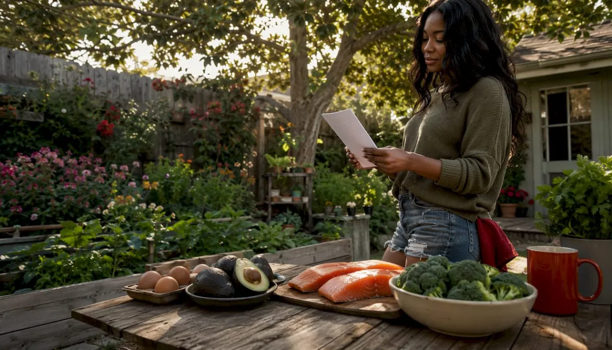 Woman checking keto grocery list in kitchen