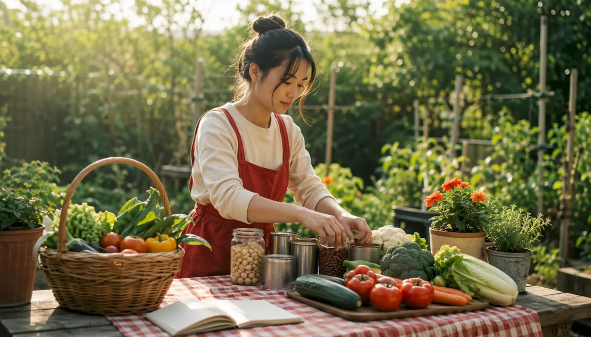 Woman preparing vegan meal plan with ingredients
