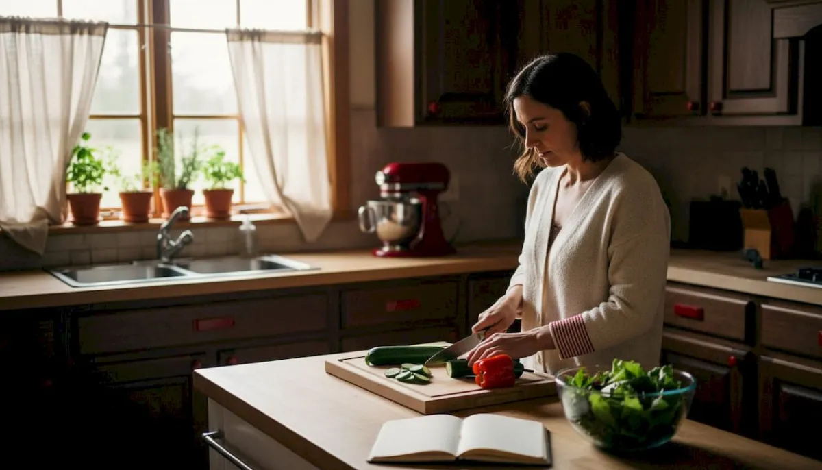 Woman chopping vegetables in kitchen for low carb meal prep