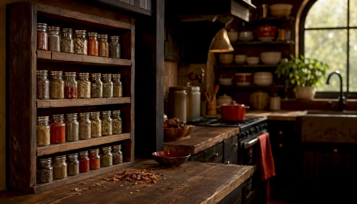 Close-up of smoked paprika and spice rack