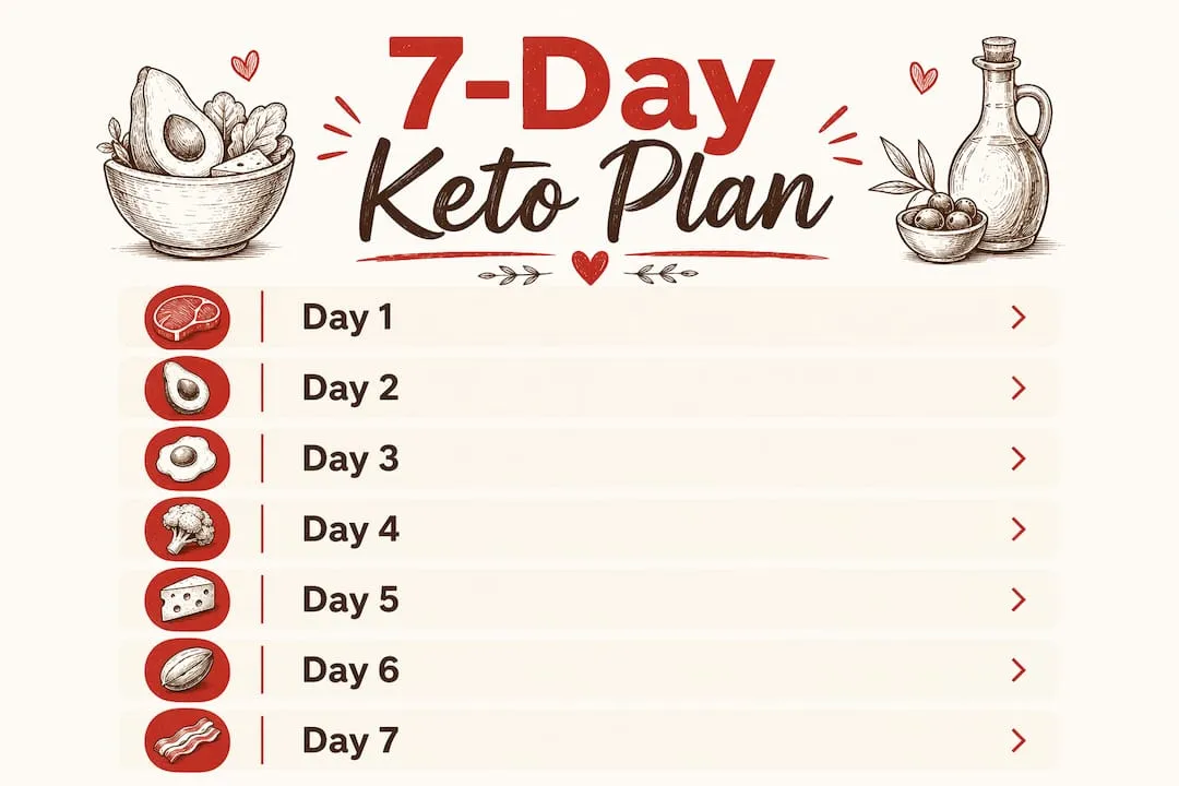 Infographic showing 7-day keto meal plan steps