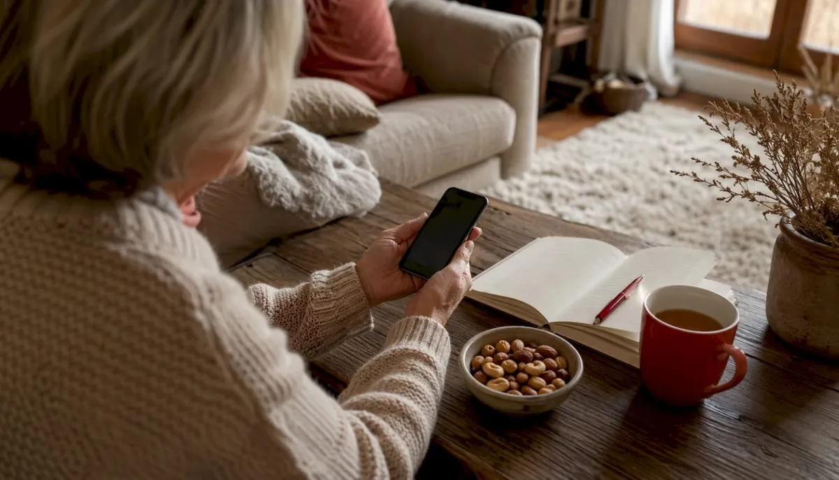 Hands holding smartphone next to diet journal and glass