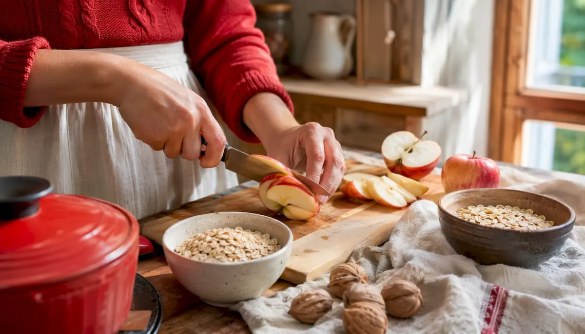 Hands chopping apples for healthy breakfast