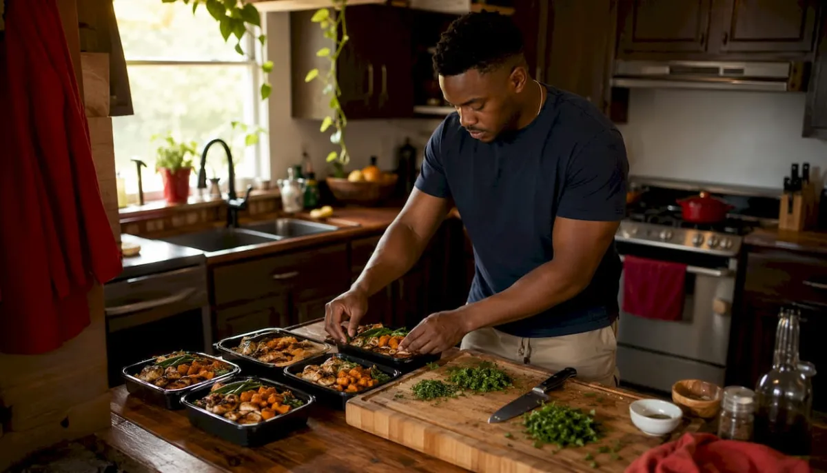Man arranging batch-cooked diabetes meals