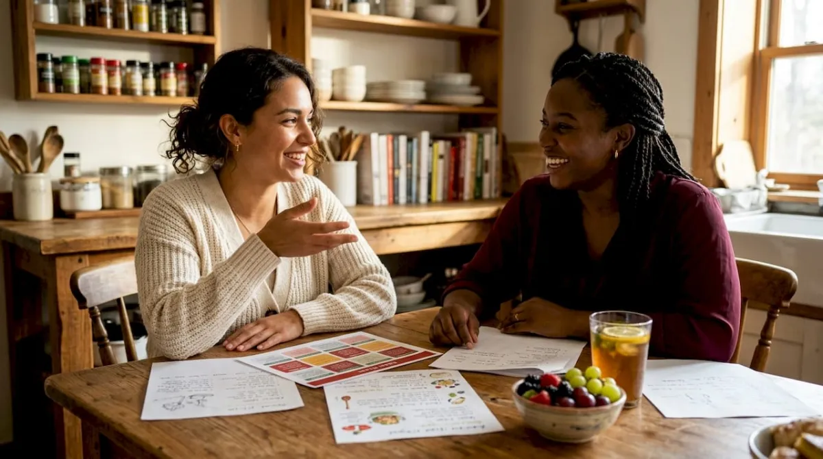 Two women discussing meal plans at café table