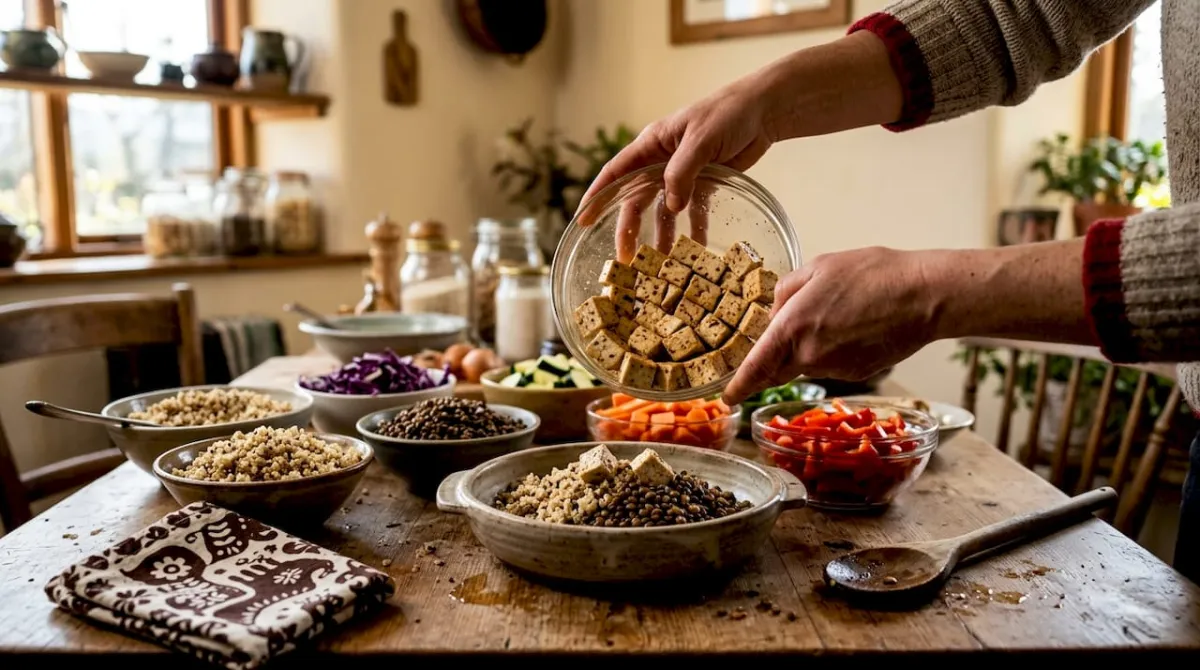 Hands preparing vegetarian meal prep containers
