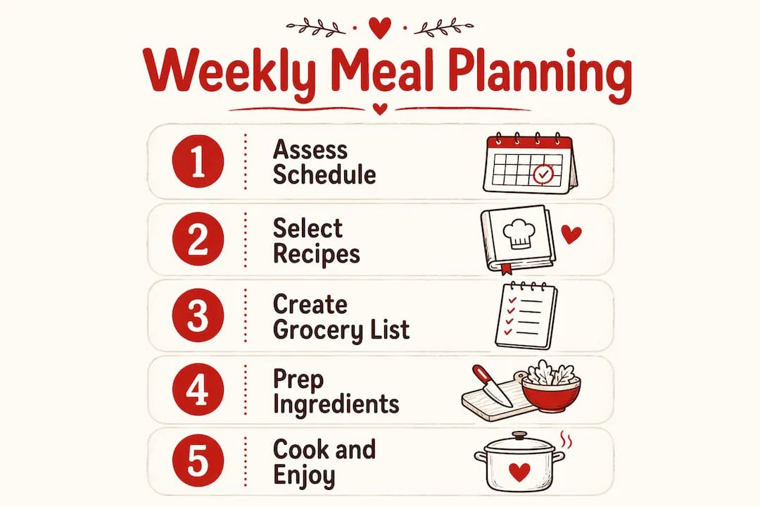 Infographic illustrating five steps of weekly meal planning