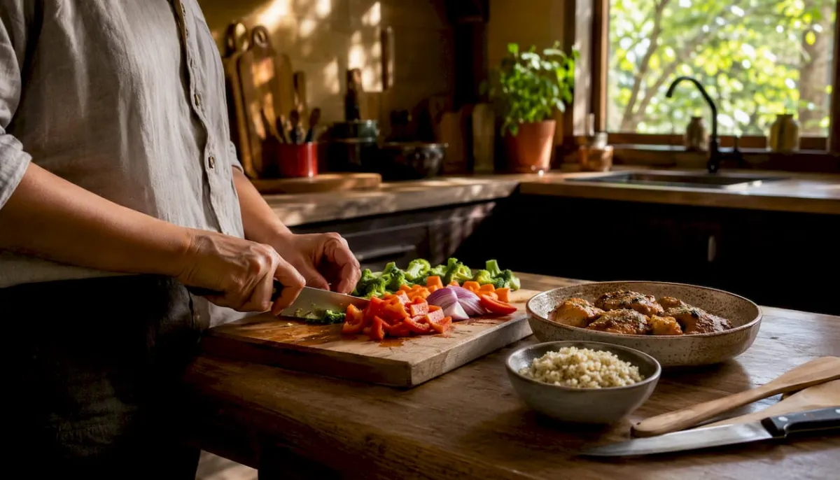Hands chopping vegetables during Sunday meal prep