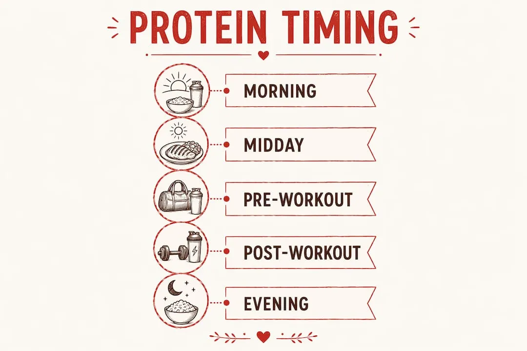 Infographic illustrating protein meal timing through the day